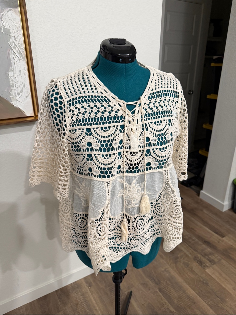 Ultra Pink Crochet Tie-Front Tunic in Cream